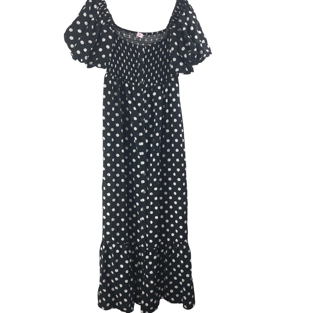 Pink Lily Womens Polka Dot Smocked Puff Sleeve Maxi Dress Milkmaid Black Large - Picture 2 of 6